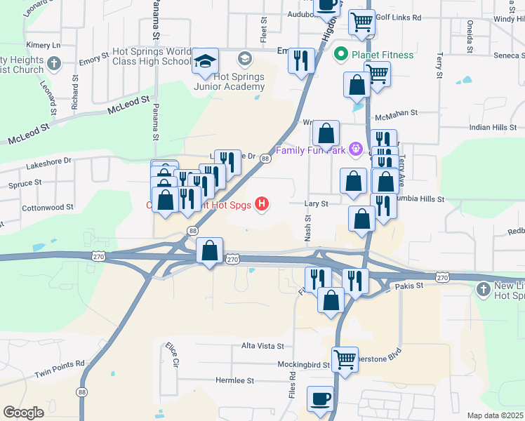 map of restaurants, bars, coffee shops, grocery stores, and more near 300 Werner Street in Hot Springs