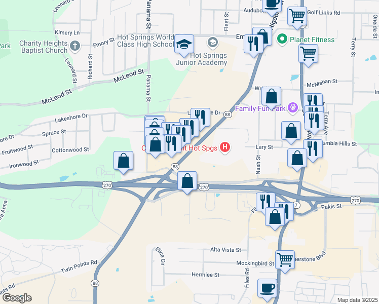 map of restaurants, bars, coffee shops, grocery stores, and more near 1440 Higdon Ferry Road in Hot Springs