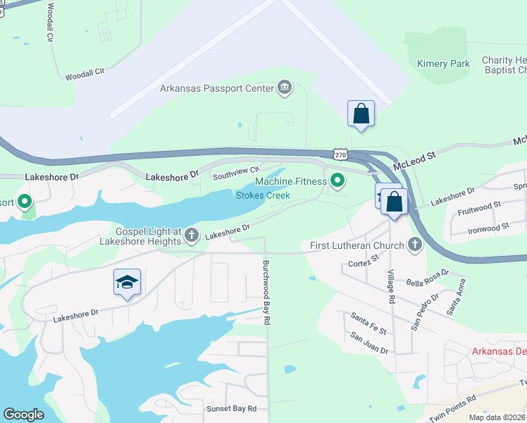 map of restaurants, bars, coffee shops, grocery stores, and more near 106 Lakeshore Lane in Hot Springs