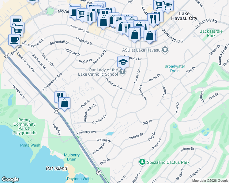 map of restaurants, bars, coffee shops, grocery stores, and more near 221 White Oak Drive in Lake Havasu City