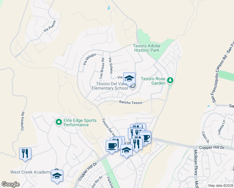 map of restaurants, bars, coffee shops, grocery stores, and more near 24045 Joshua Drive in Santa Clarita