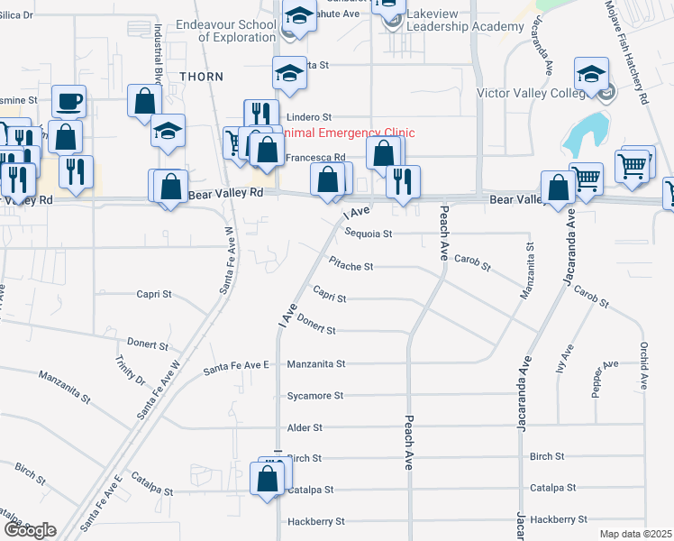 map of restaurants, bars, coffee shops, grocery stores, and more near 17831 Pitache Street in Hesperia