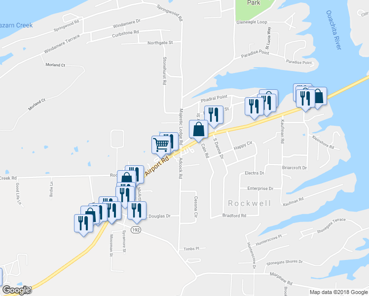 map of restaurants, bars, coffee shops, grocery stores, and more near 1570 Airport Road in Rockwell