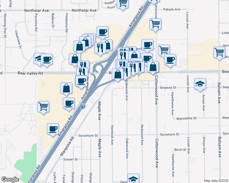 map of restaurants, bars, coffee shops, grocery stores, and more near 14621 Sequoia Street in Hesperia