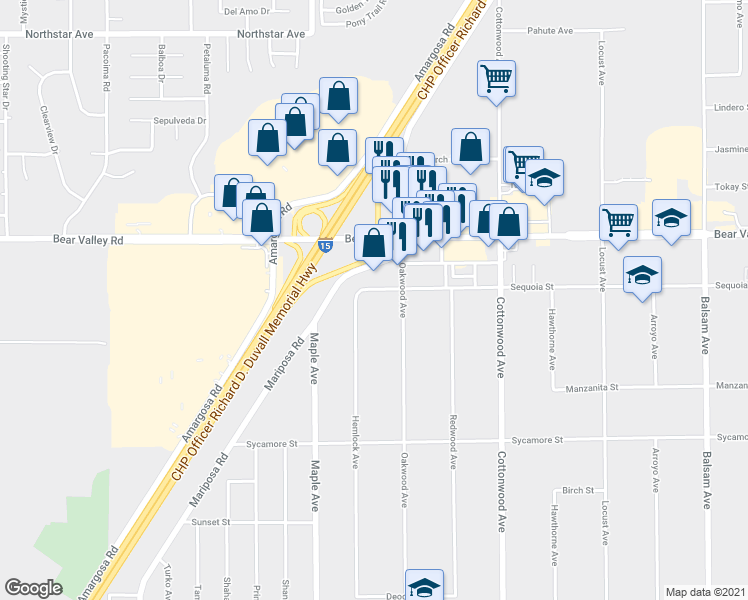 map of restaurants, bars, coffee shops, grocery stores, and more near 14637 Sequoia Street in Hesperia