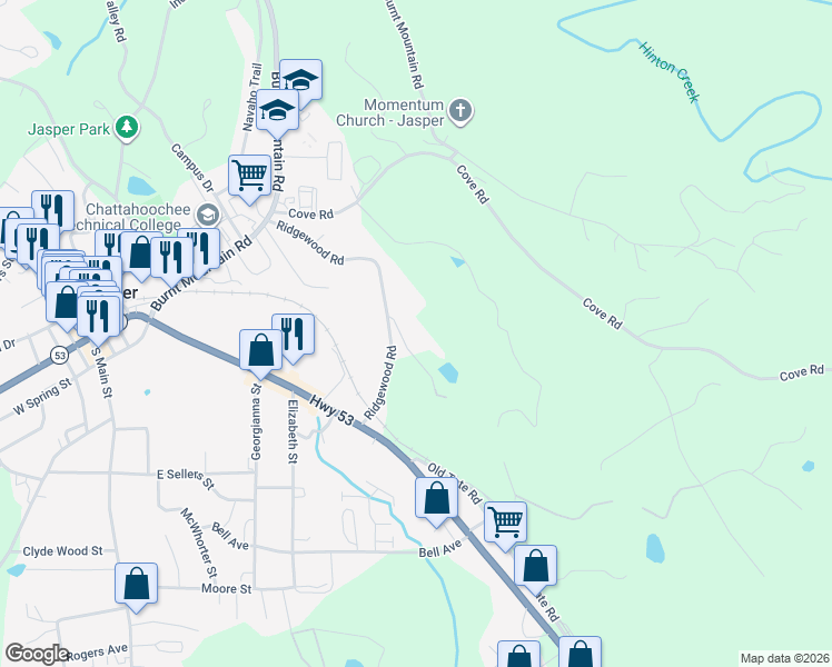 map of restaurants, bars, coffee shops, grocery stores, and more near 55 Woodlane Drive in Jasper
