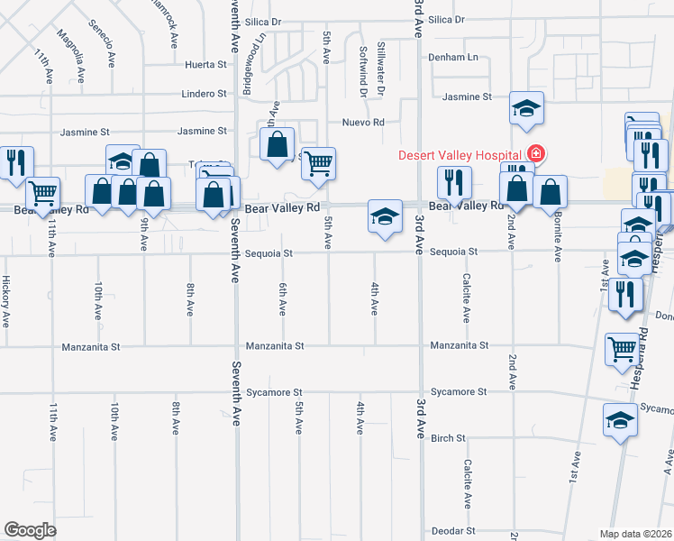 map of restaurants, bars, coffee shops, grocery stores, and more near 11977 5th Avenue in Hesperia