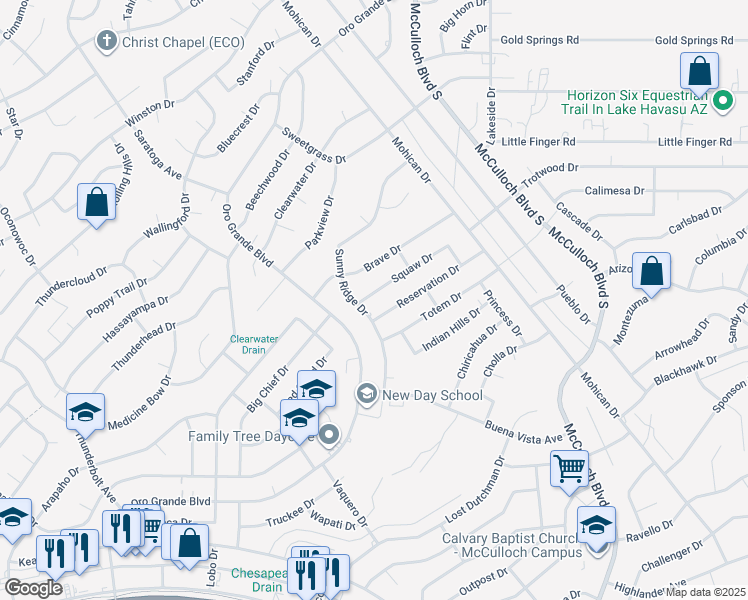 map of restaurants, bars, coffee shops, grocery stores, and more near 3640 Squaw Drive in Lake Havasu City