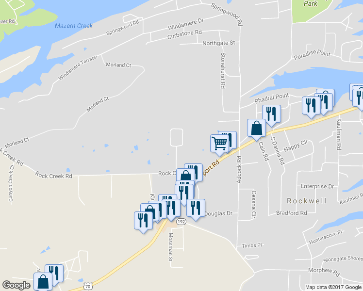 map of restaurants, bars, coffee shops, grocery stores, and more near 207 Brantley Circle in Rockwell