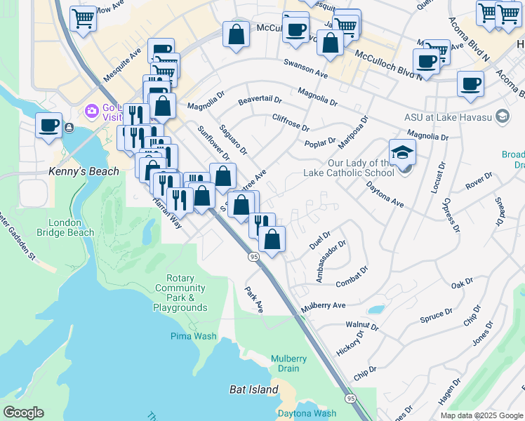 map of restaurants, bars, coffee shops, grocery stores, and more near 1776 Los Lagos Drive in Lake Havasu City