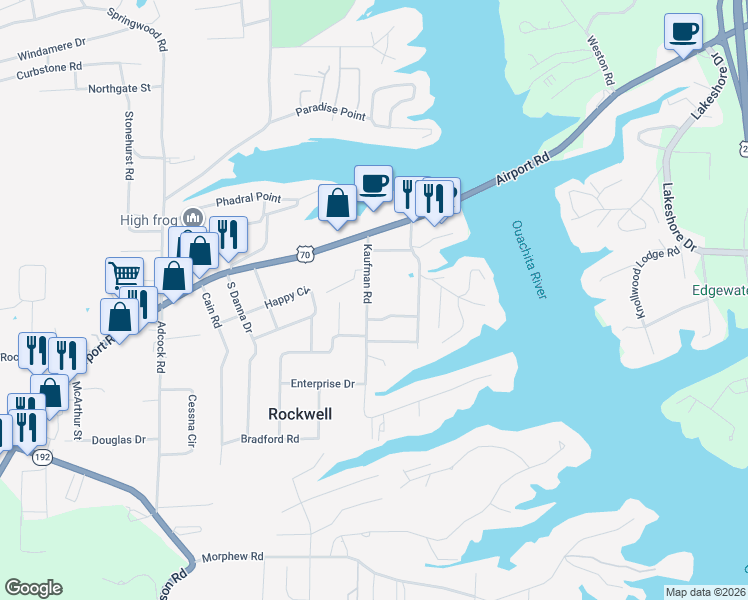 map of restaurants, bars, coffee shops, grocery stores, and more near 159 Kaufman Road in Hot Springs