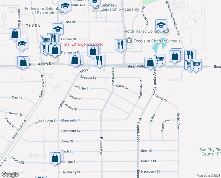 map of restaurants, bars, coffee shops, grocery stores, and more near 11948 Peach Avenue in Hesperia