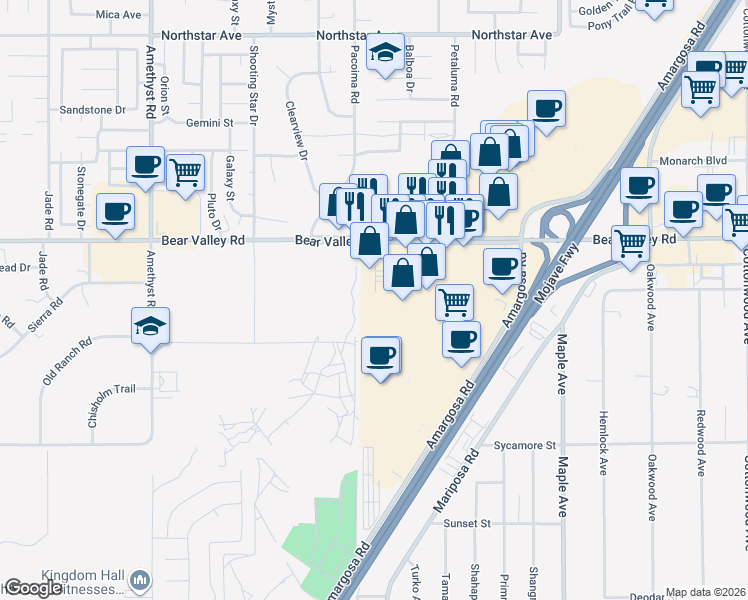 map of restaurants, bars, coffee shops, grocery stores, and more near 12022 Dunia Road in Victorville