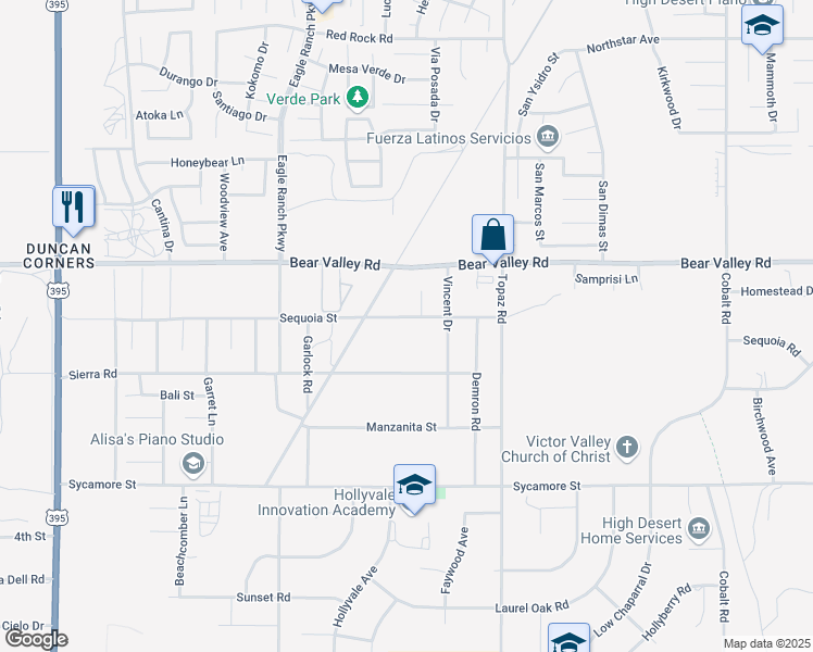 map of restaurants, bars, coffee shops, grocery stores, and more near Sequoia Street in Victorville
