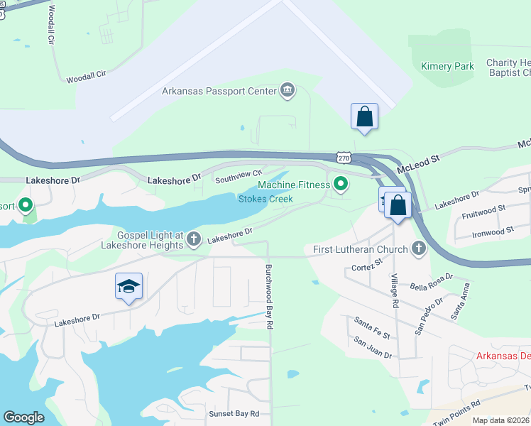 map of restaurants, bars, coffee shops, grocery stores, and more near 106 Lakeshore Lane in Hot Springs