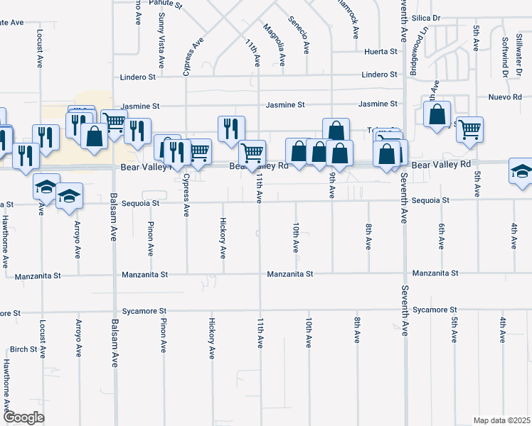 map of restaurants, bars, coffee shops, grocery stores, and more near 11969 11th Avenue in Hesperia