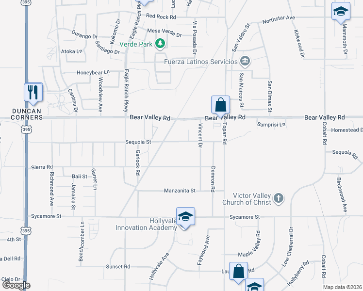 map of restaurants, bars, coffee shops, grocery stores, and more near 12775 Sequoia Street in Victorville
