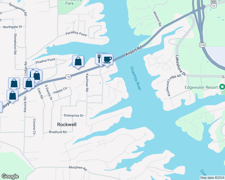 map of restaurants, bars, coffee shops, grocery stores, and more near 100 Nautical Bay in Hot Springs