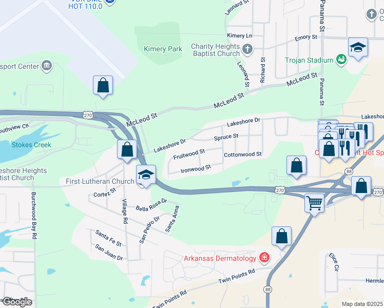 map of restaurants, bars, coffee shops, grocery stores, and more near 600 Fruitwood Street in Hot Springs