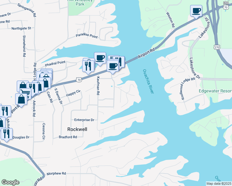 map of restaurants, bars, coffee shops, grocery stores, and more near 102 Thistledown Trail in Hot Springs