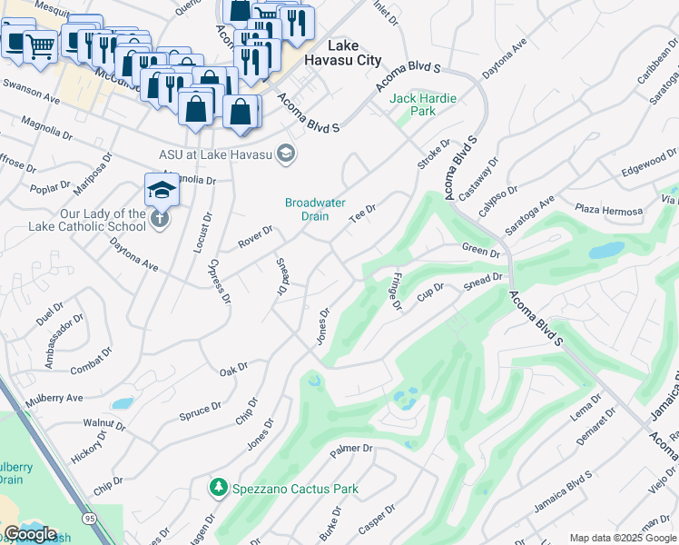 map of restaurants, bars, coffee shops, grocery stores, and more near 2250 Green Drive in Lake Havasu City