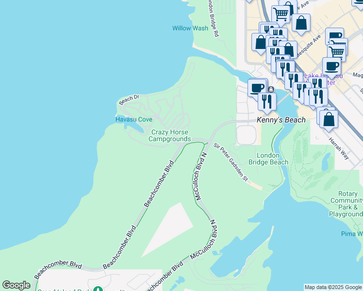 map of restaurants, bars, coffee shops, grocery stores, and more near 1534 Beachcomber Boulevard in Lake Havasu City