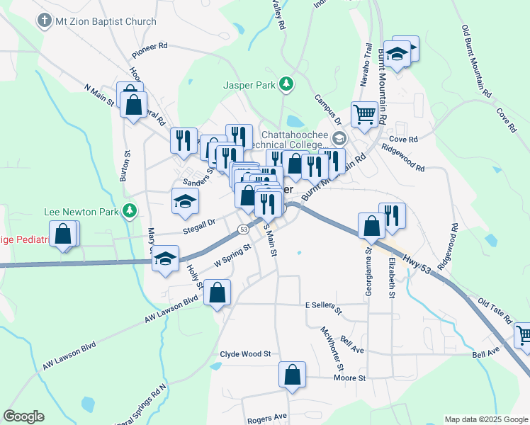 map of restaurants, bars, coffee shops, grocery stores, and more near 45 East Church Street in Jasper