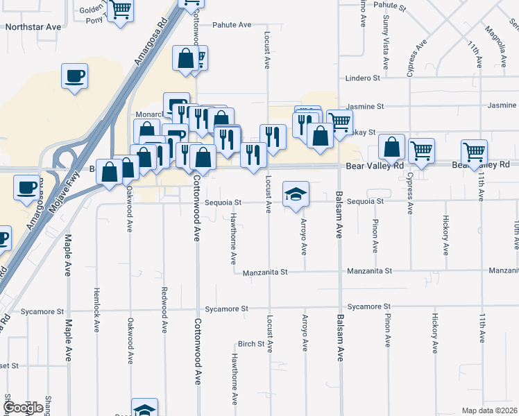 map of restaurants, bars, coffee shops, grocery stores, and more near 15065 Sequoia Avenue in Hesperia
