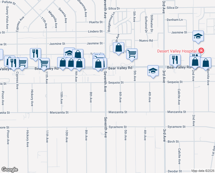 map of restaurants, bars, coffee shops, grocery stores, and more near 11969 Seventh Avenue in Hesperia