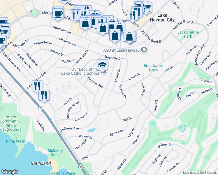 map of restaurants, bars, coffee shops, grocery stores, and more near 192 Mulberry Avenue in Lake Havasu City