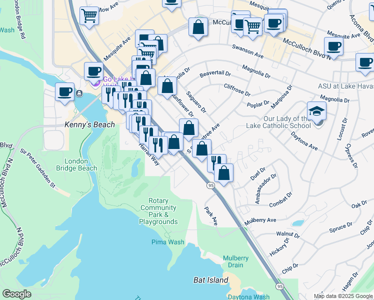 map of restaurants, bars, coffee shops, grocery stores, and more near 271 Lake Havasu Avenue in Lake Havasu City