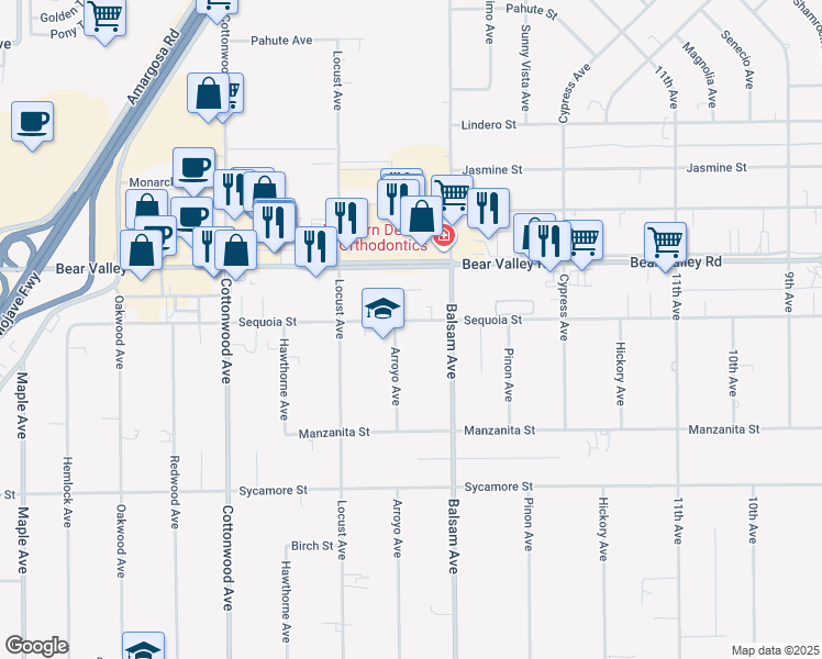 map of restaurants, bars, coffee shops, grocery stores, and more near 15233 Sequoia Street in Hesperia