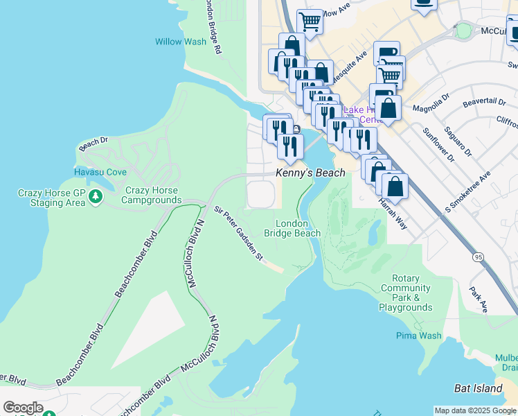 map of restaurants, bars, coffee shops, grocery stores, and more near Isleside Drive in Lake Havasu City