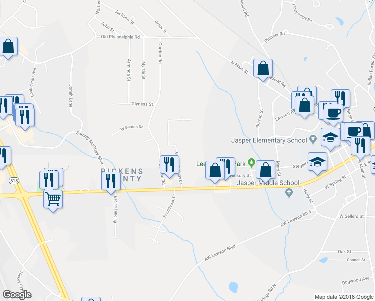 map of restaurants, bars, coffee shops, grocery stores, and more near 172 Golden Springs Drive in Jasper