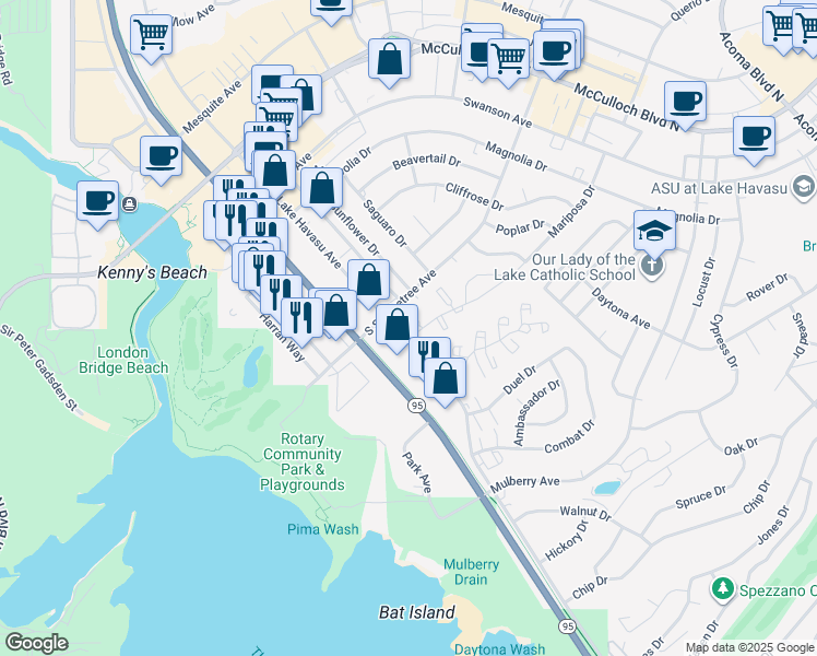 map of restaurants, bars, coffee shops, grocery stores, and more near 1705 Los Lagos Drive in Lake Havasu City