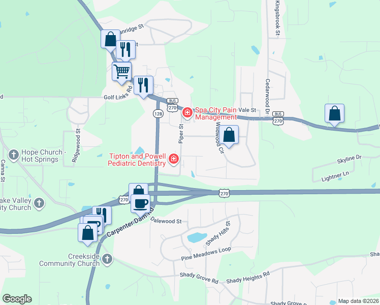 map of restaurants, bars, coffee shops, grocery stores, and more near 251 Piper Street in Hot Springs
