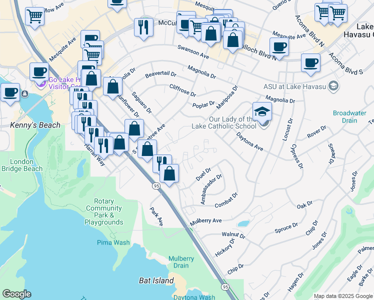 map of restaurants, bars, coffee shops, grocery stores, and more near 1807 Montana Vista in Lake Havasu City
