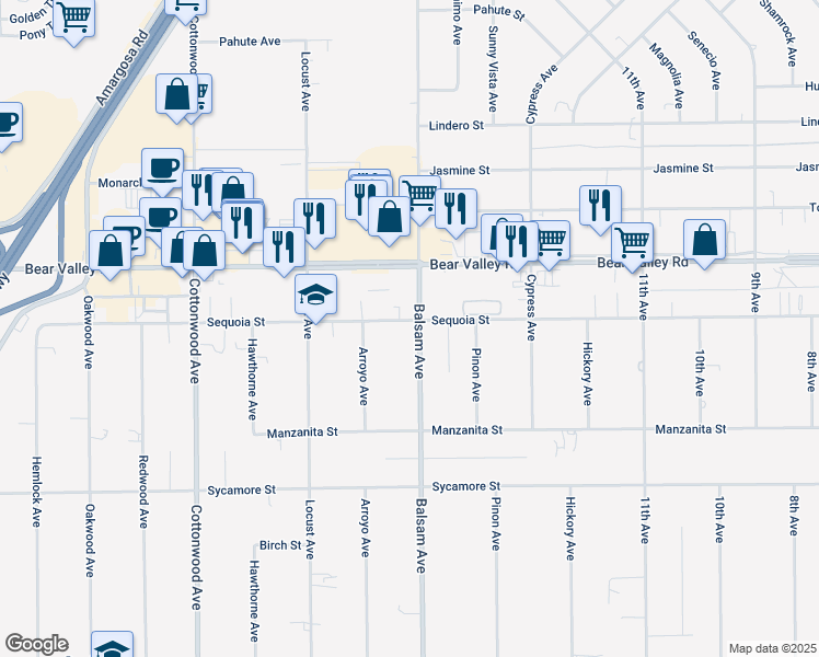 map of restaurants, bars, coffee shops, grocery stores, and more near 15283 Sequoia Street in Hesperia