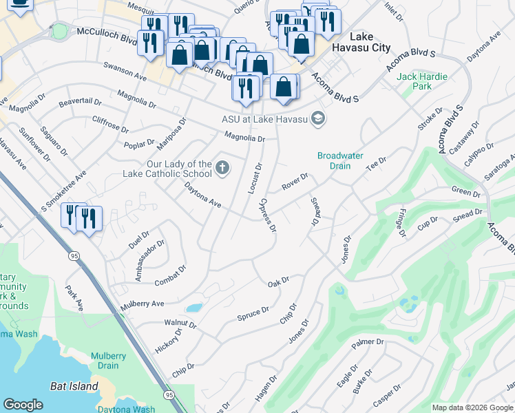 map of restaurants, bars, coffee shops, grocery stores, and more near 241 Cypress Drive in Lake Havasu City
