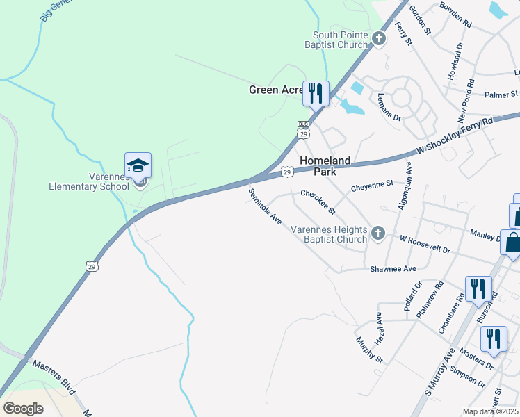 map of restaurants, bars, coffee shops, grocery stores, and more near 3887 Seminole Avenue in Anderson