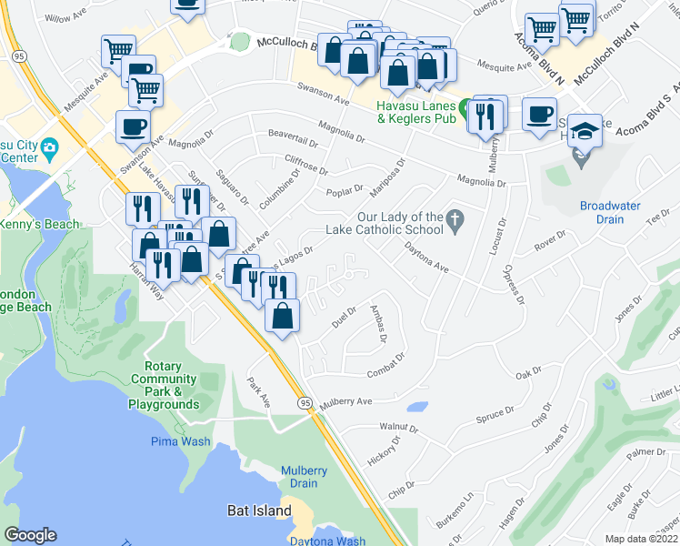 map of restaurants, bars, coffee shops, grocery stores, and more near 1885 Montana Vista in Lake Havasu City