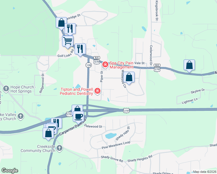 map of restaurants, bars, coffee shops, grocery stores, and more near 251 Piper Street in Hot Springs