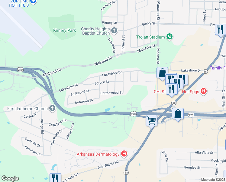 map of restaurants, bars, coffee shops, grocery stores, and more near 410 Cottonwood Street in Hot Springs