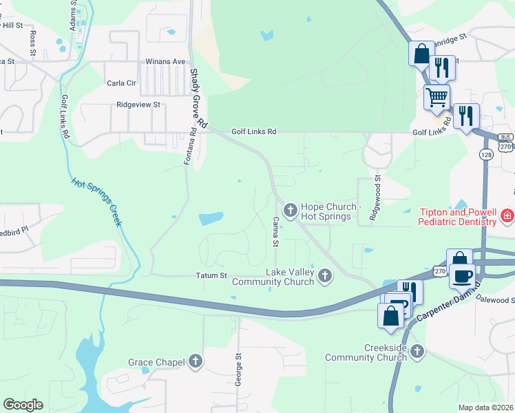 map of restaurants, bars, coffee shops, grocery stores, and more near 138 Lotus Place in Hot Springs