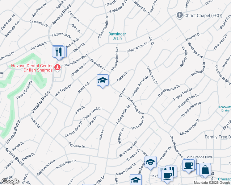map of restaurants, bars, coffee shops, grocery stores, and more near 751 Thunderbolt Avenue in Lake Havasu City