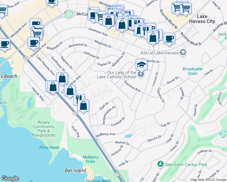 map of restaurants, bars, coffee shops, grocery stores, and more near 1928 Montana Vista in Lake Havasu City