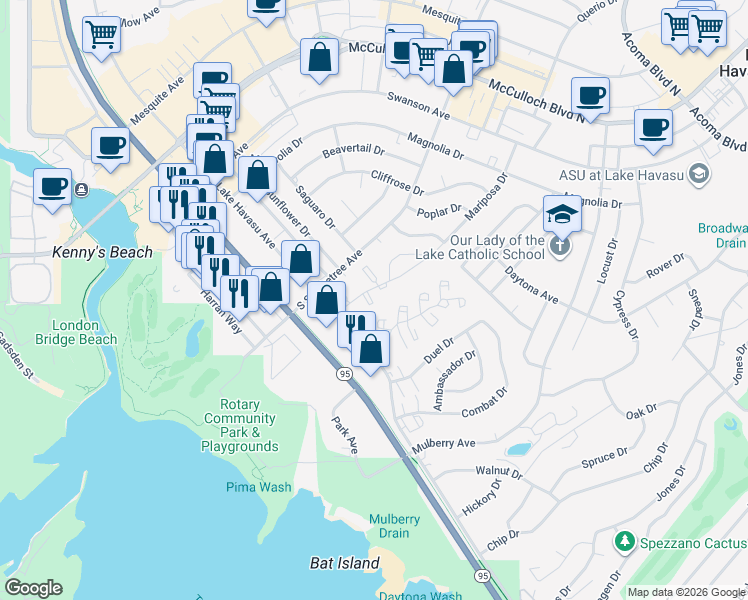 map of restaurants, bars, coffee shops, grocery stores, and more near 1776 Los Lagos Drive in Lake Havasu City