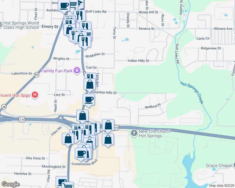 map of restaurants, bars, coffee shops, grocery stores, and more near 226 Columbia Hills Street in Hot Springs