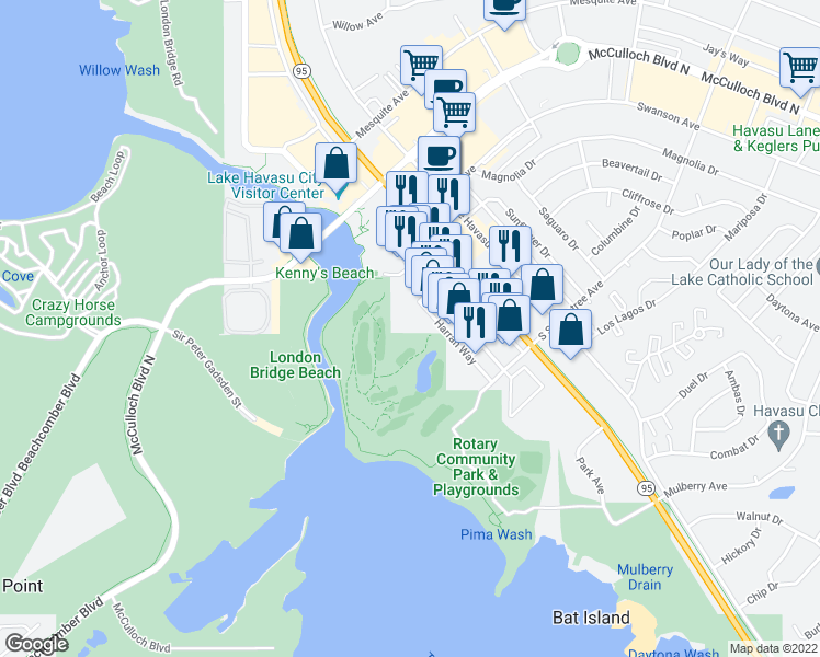 map of restaurants, bars, coffee shops, grocery stores, and more near 777 Harrah Way in Lake Havasu City