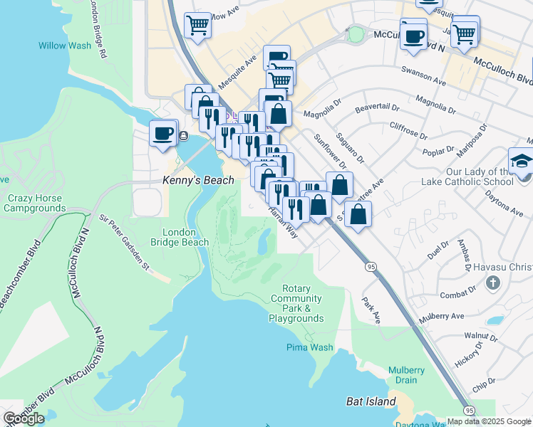 map of restaurants, bars, coffee shops, grocery stores, and more near 777 Harrah Way in Lake Havasu City